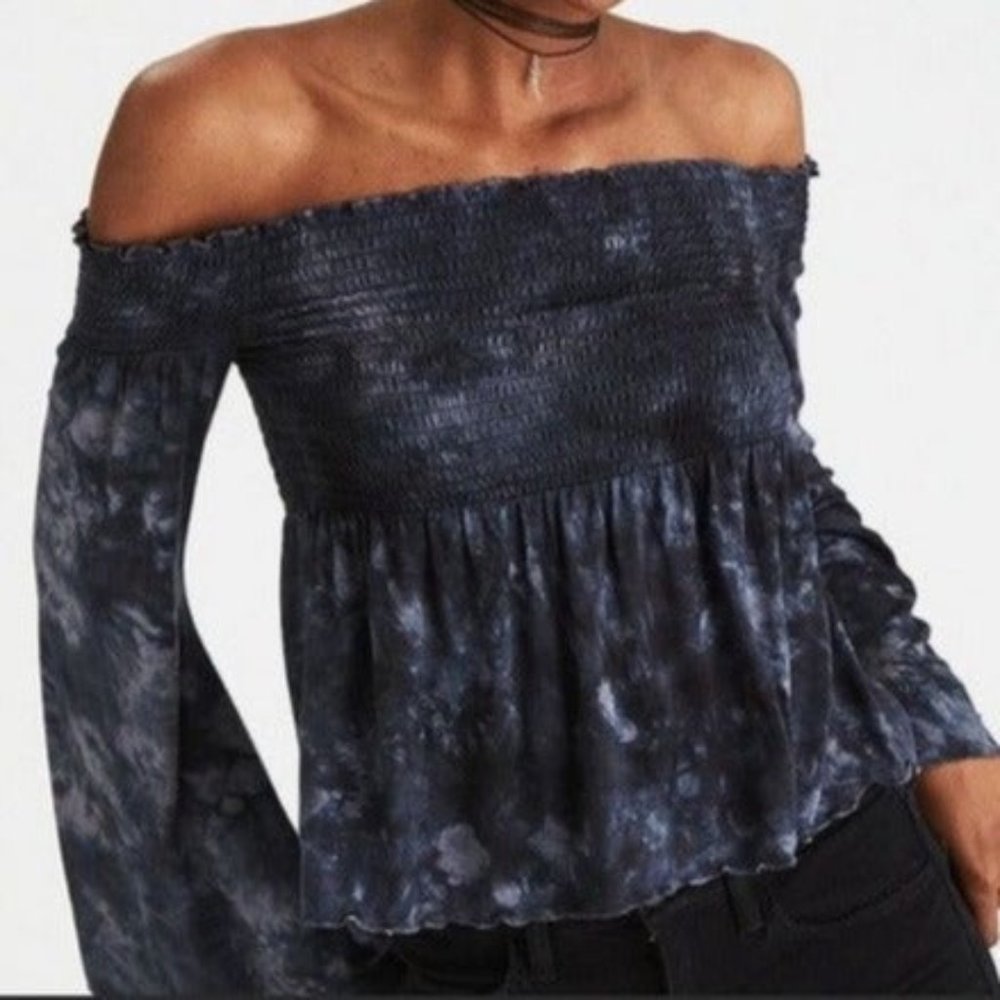 Dark Grey Tie-Dye Bell Sleeve Top